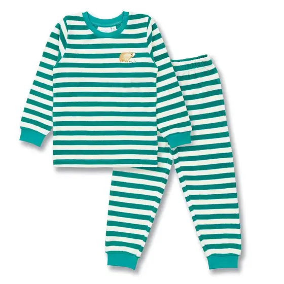 Sense Organics Pyjama Frottee Long John Petrolgrün Weiß Geringelt