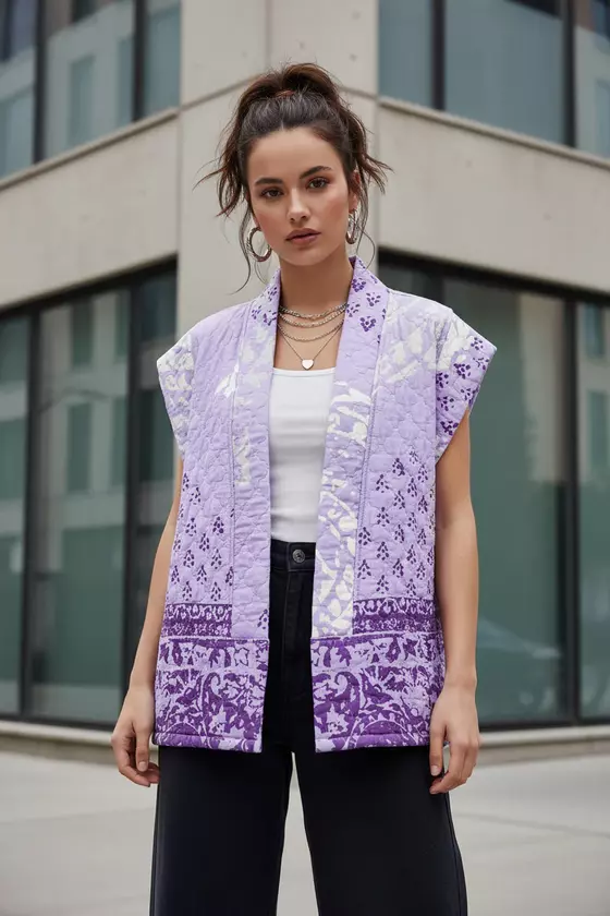 goldmarie Lilac Stepp Weste LOVE PEACE MOIN - Vintage-Stoff Recycelt - upcycling Einzelstück - lavendel