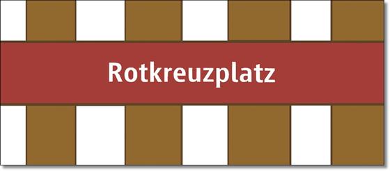 U-Bahnhof Rotkreuzplatz München Kaffeetasse - weiße Schrift auf dunkelrotem Schild vor braun-weiß getreiftem Hintergrund