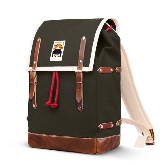 Ykra Matra BIG Khaki Leather Strap, Leather Bottom, two side pockets Backpack