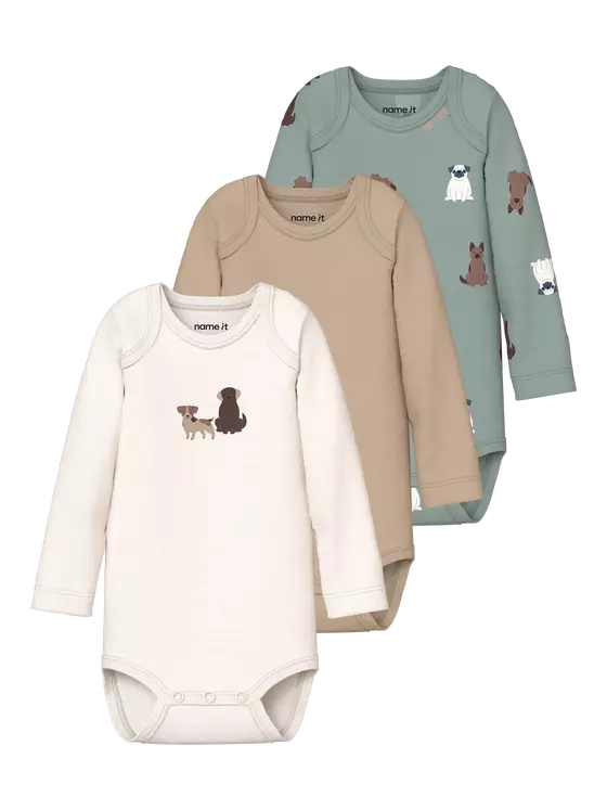 Name It 3er Pack Bodys Langarm Dogs Green Milieu Jet Stream Sesame