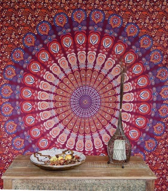 Boho-Style Wandbehang, indische Tagesdecke Mandala Druck - lila/rot/orange
