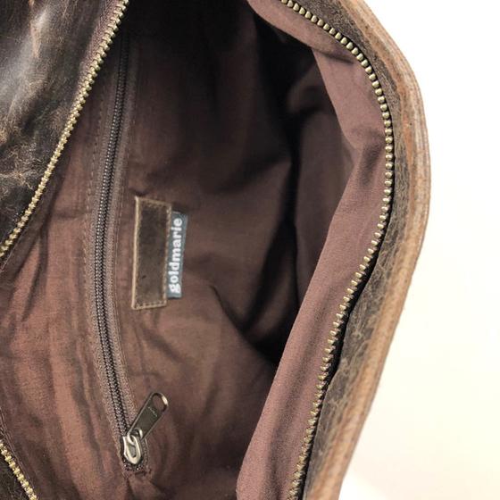 goldmarie Ledertasche Halbmond LOVE PEACE MOIN  - Leder mit Pferd-Ring  - vintage dunkelbraun