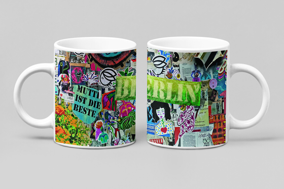 Berlin Streetart Desing in Bunt Kaffetasse mit sprüchen wie Mutti ist die Beste