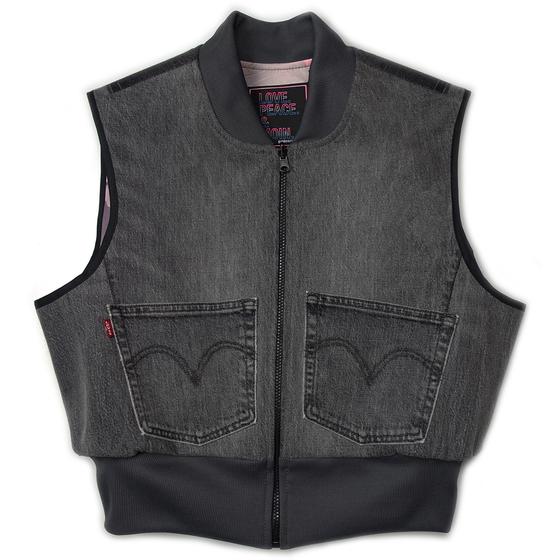 goldmarie Seidentuch-Weste LOVE PEACE MOIN - Vintage-Stoff Recycelt - rose-schwarz - reversible LOVE IS MY SUPERPOWER Denim - mit Kosmetiktasche