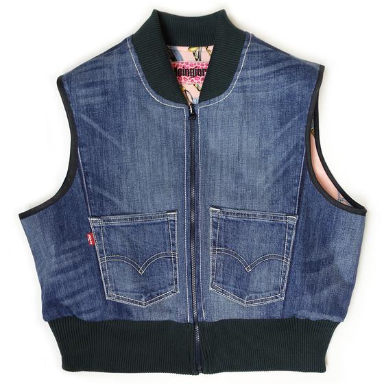 goldmarie Seidentuch-Weste MOINGIORNO - Vintage-Stoff Recycelt - rose-denim-blau - reversible LOVE PEACE MOIN - mit Kosmetiktasche