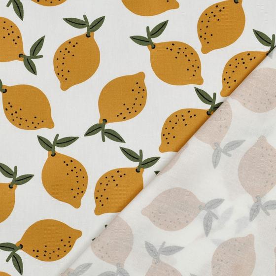 Robuster Canvas-Stoff mit gelben Zitronen auf hellem Hintergrund für sommerliche Taschen und kreative Nähprojekte.