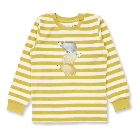 Sense Organics Pyjama Frottee Long John Senfgrau Weiß Geringelt