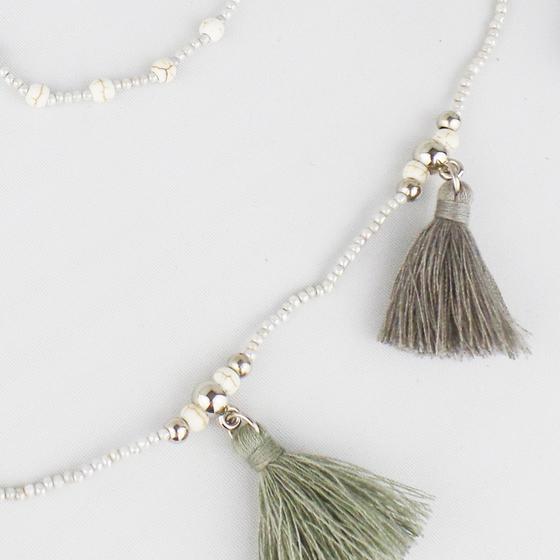 goldmarie Perlenkette TRIO mit Fransen grau-moos-creme-silber