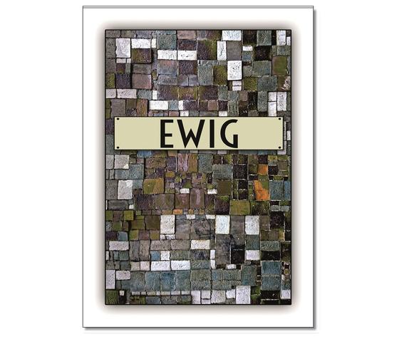 Postkarte - dunkel-, herbstlich farbene Fliesen darauf weißes Schild mit schwarzer Schrift "Ewig"