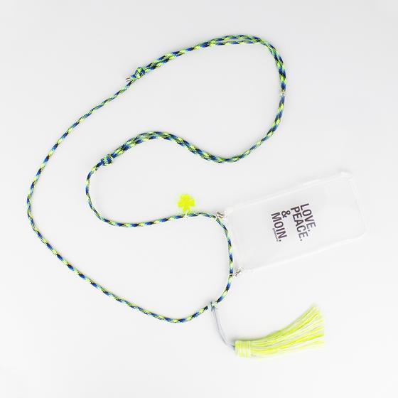 goldmarie Handykette HAMBURG KLEEBLATT BABE blau-lemon mit Fransenbommel 