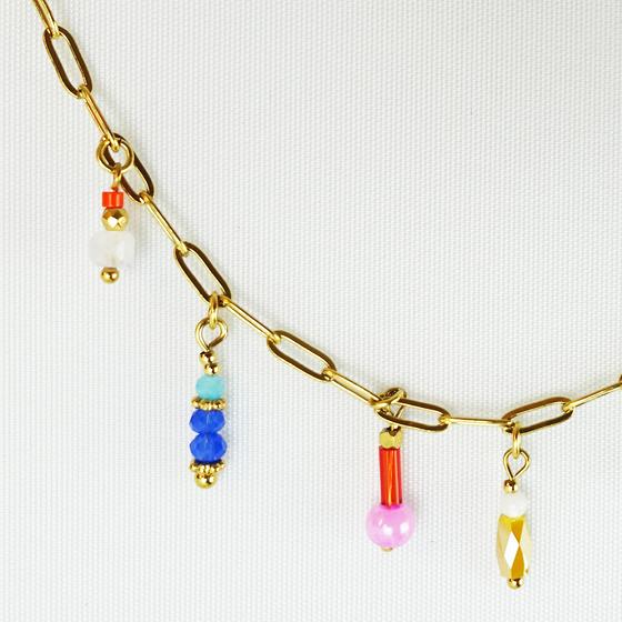 goldmarie Kette BUNTE PERLEN - Stahl vergoldet 