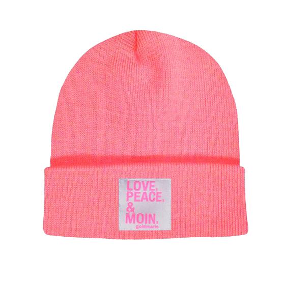 goldmarie Beanie Mütze LOVE PEACE MOIN neon pink grau-pink