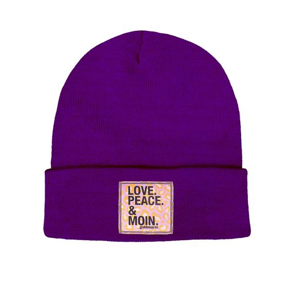 goldmarie Beanie Mütze LOVE PEACE MOIN mit lilac Leo Applikation -  lila