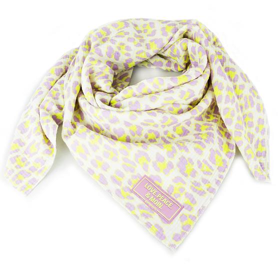 goldmarie Tuch LOVE PEACE MOIN Leo Muster - Lilac New Edition - Baumwolle - neon gelb-lilac 