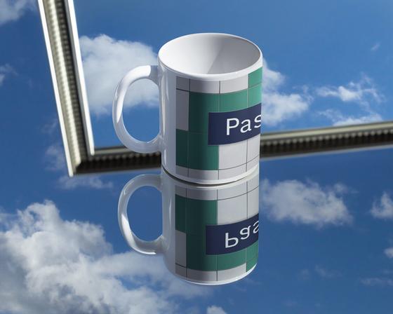 S-Bahnhof Pasing Kaffeetasse - dunkelblaues S-Bahnschild mit weißer, serifenloser Schrift, vor weißer Fliesenwand mit vereinzelten grünen Fliesen