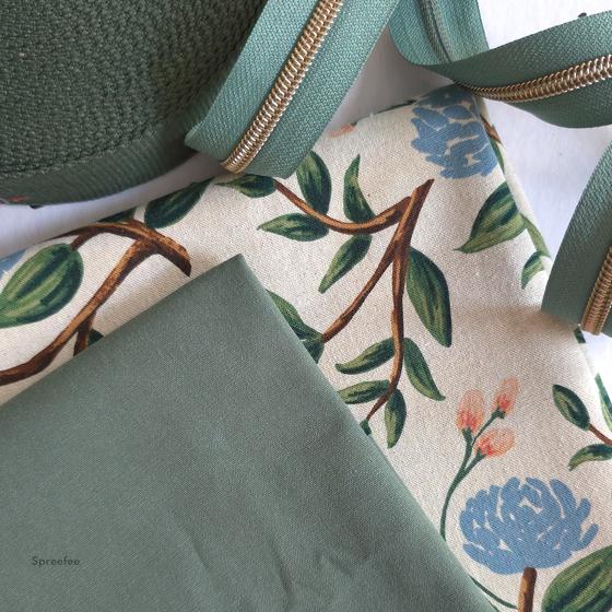 Taschen Nähset Nähpaket gruener Stoff Pfingstrosen