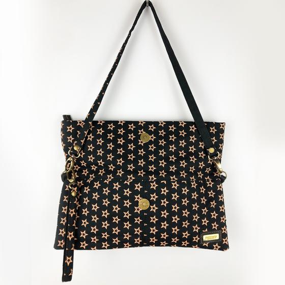 goldmarie Handtasche LOVE PEACE MOIN Canvas Sterne Muster - schwarz-braun- 30x14cm