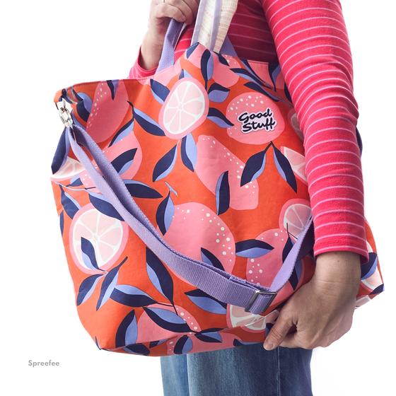 Nähset für Tasche aus pink-orangefarbenem Zitronen-Wachstuch, wasserabweisend und sommerlich gestaltet