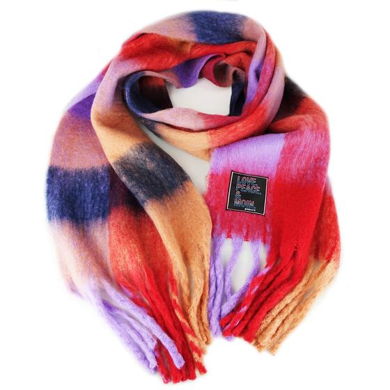 goldmarie Schal LOVE PEACE MOIN Neonschrift Label - Fransen  - rot-lila-bunt 