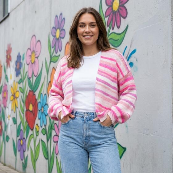 goldmarie Strickjacke I BELIEVE IN DISCO - gestreift - pink-weiß