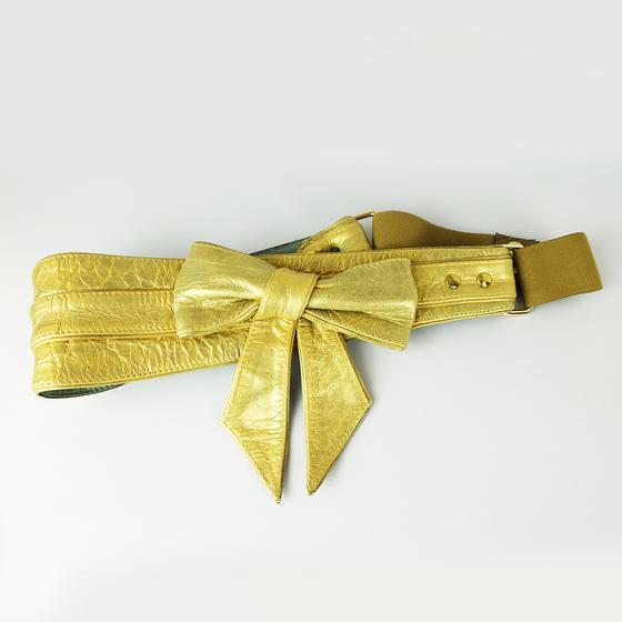 goldmarie Taillengürtel SCHLEIFE - Painted Edition - Leder - Gummizug-Element - vintage goldgelb-graugrü