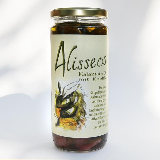 Alisseos - Kalamata-Oliven in Knoblauch-Olivenöl, 0,295 kg