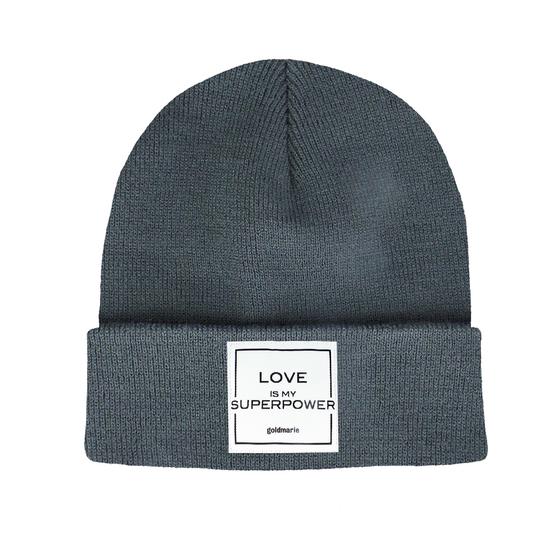 goldmarie Beanie Mütze LOVE IS MY SUPERPOWER - dunkelgrau