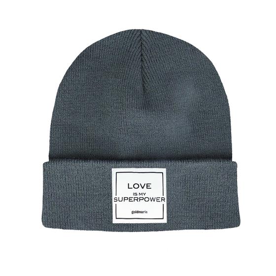 goldmarie Beanie Mütze LOVE IS MY SUPERPOWER - dunkelgrau