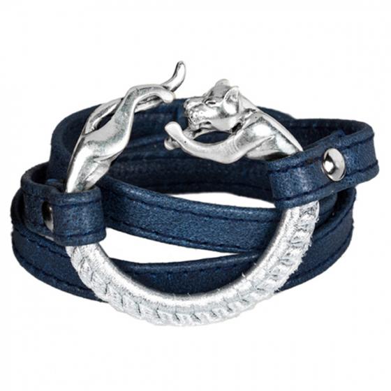 goldmarie Wickelarmband Leder blau Messing Panther silber