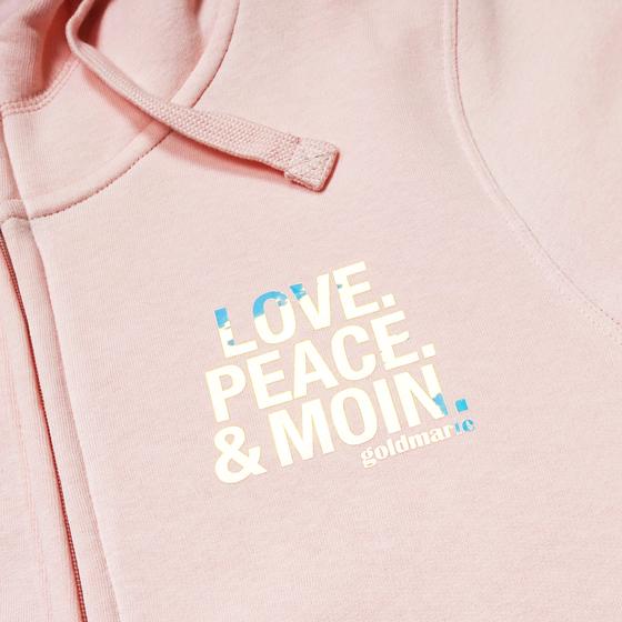 goldmarie LOVE PEACE MOIN Sweatshirt Jacke - mit Kapuze -  hell rosa-holographic mit Glanz