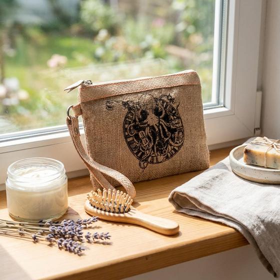 goldmarie Kosmetik-Reisetasche Jute KRAKE HAMBURG Motiv  - natur-beige - 24x18cm