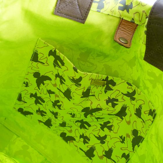 goldmarie Shopper Tasche Vogel Muster - Canvas mit Leder - limone-braun - 50x39cm