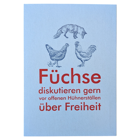 Postkarte in Bleisatz-Buchdruck Füchse und Hühnerställe
