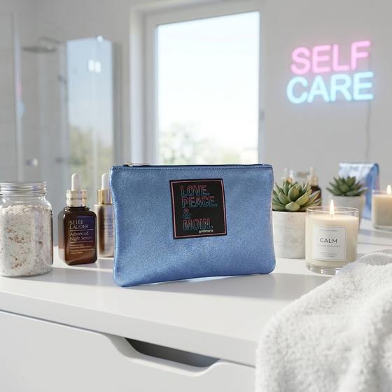 goldmarie Kosmetiktasche Clutch LOVE PEACE MOIN - Leder blau metallic - 13x21cm
