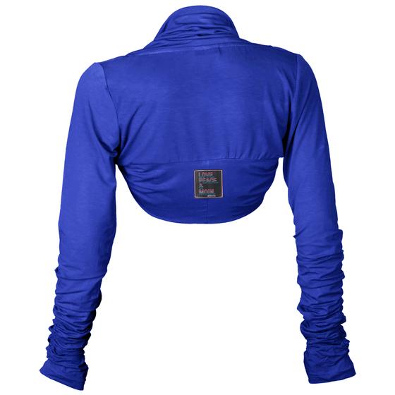 goldmarie Yoga Bolero Jacke Short LOVE PEACE MOIN Neonschrift Label - royal blau