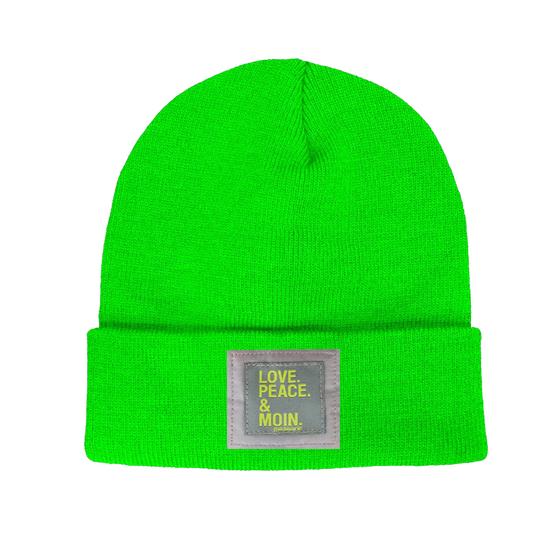 goldmarie Beanie Mütze LOVE PEACE MOIN - Reflektor Label - NEON grün
