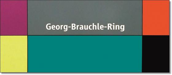 U-Bahnhof Georg-Brauchle-Ring Kaffeetasse - weiße Schrift, auf multicolor Plattenhintergrund
