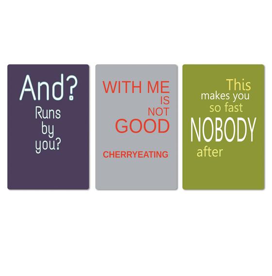 Magnet-Set mit 3 Denglisch-Magneten, nachtblau, graublau, battgrün - And? Runs by you? - With me is not good cherry eating - This makes you so fast nobody after