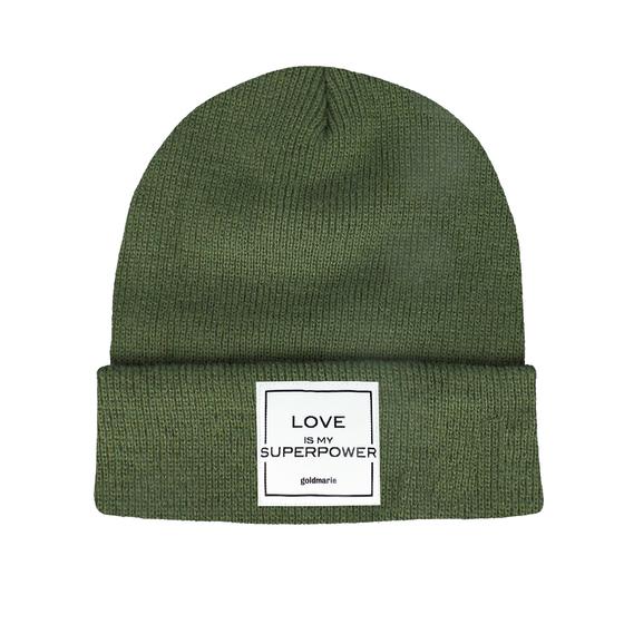 goldmarie Beanie Mütze LOVE IS MY SUPERPOWER - olive 