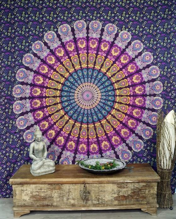 Boho-Style Wandbehang, indische Tagesdecke Mandala Druck - blau/lila