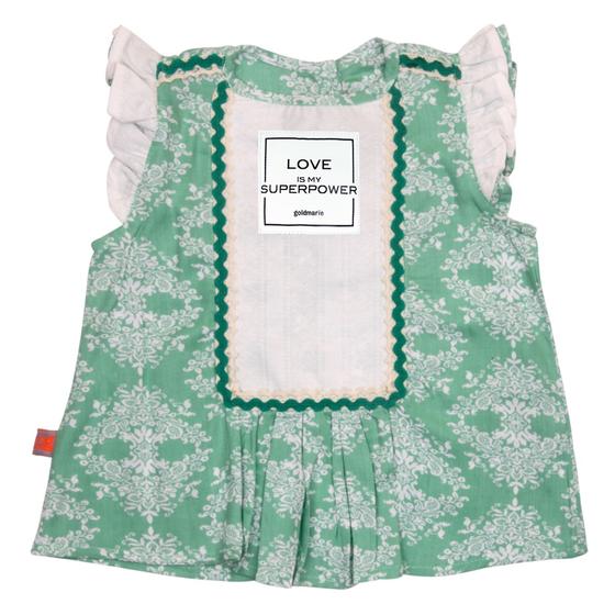goldmarie Kinderkleid LOVE IS MY SUPERPOWER Pimpanella Vintage Blumen Muster pastellgrün-weiß