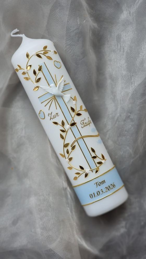 Edle Taufkerze blaumeliert/gold  TK026