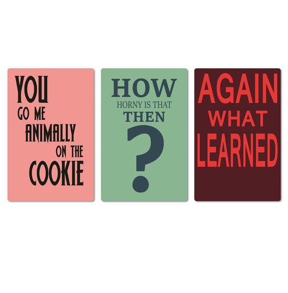 Magnet-Set mit 3 Denglisch-Magneten, rosa, mint, dunkelbraun - You go me animally on the cookie - How horny is that then? - Again what learned  