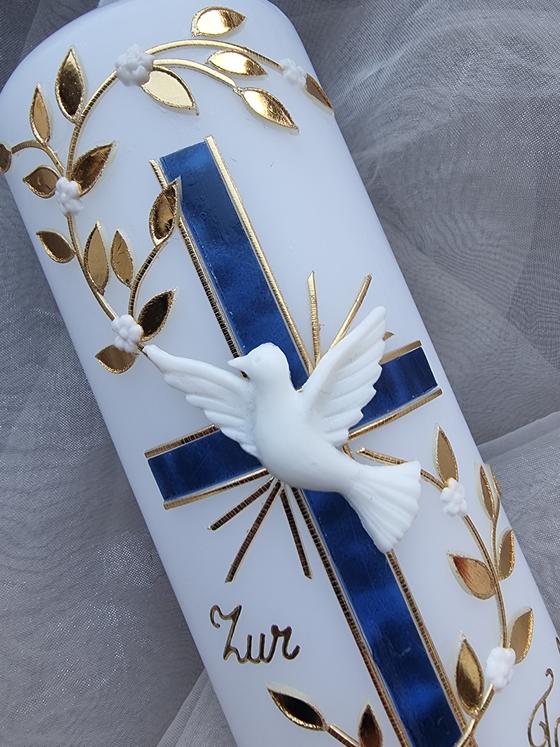 Edle Taufkerze blaumeliert/gold  TK026