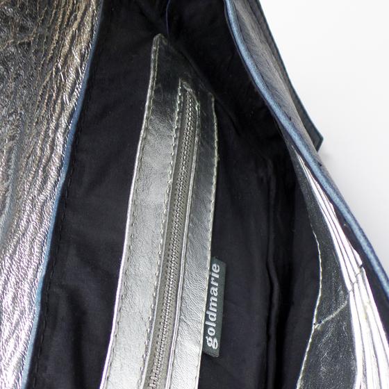 goldmarie Handtasche FLAT BAG Leder Vintage Look dunkelblau-silber 30x18cm