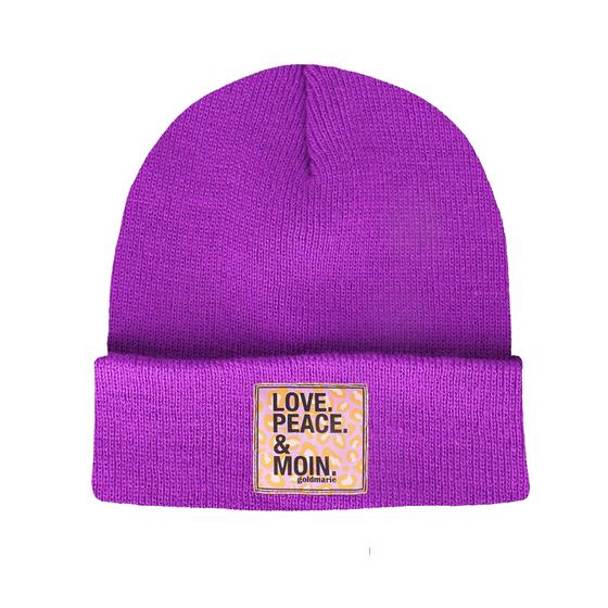 goldmarie Beanie Mütze LOVE PEACE MOIN mit lilac Leo Applikation -  violett