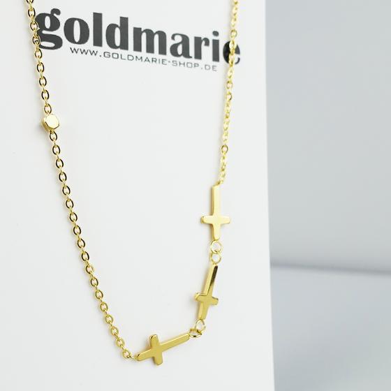 goldmarie Kette TRIPEL KREUZ Asymmetrisch Stahl vergoldet