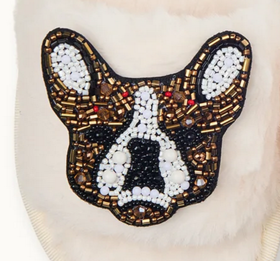 By Vivi. Brosche BULLDOGGE - für Slipper, Kleidung, Taschen und mehr - gold-silber