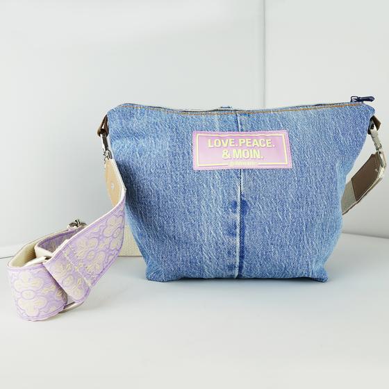 goldmarie Festival Tasche JEANS Recycelt - LOVE PEACE MOIN - Lilac New Edition - denim washed - 26x21cm
